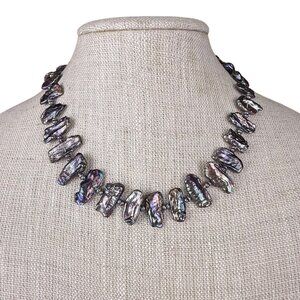 Vintage Freshwater Iridescent Black Pearl Necklace Silver Tone Spacer Beads Magn